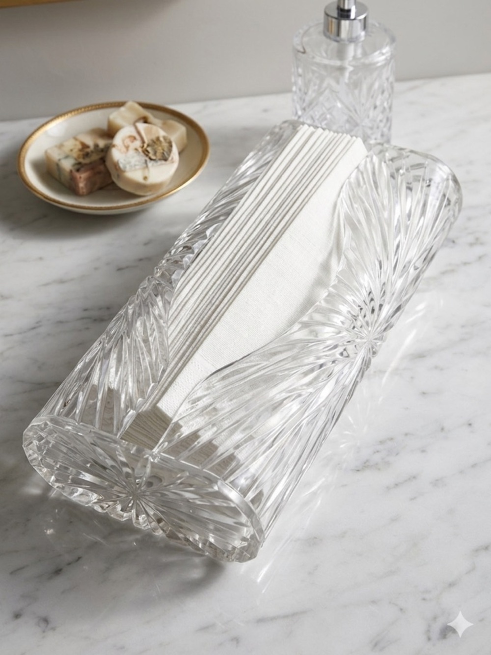 Vintage Acrylic Lucite Starburst Tissue Box Cover Clear Vanity Glam 1950s